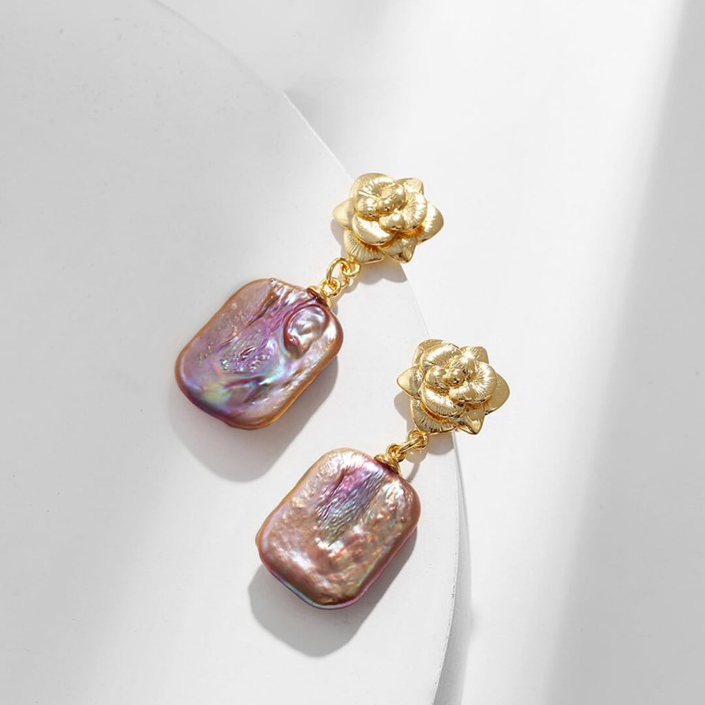 Violet Square Baroque Pearl Earrings